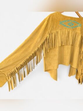 Southwestern Crazy Train Mustard Fringe Suede Jacket w Turquoise Aztec Detail L
